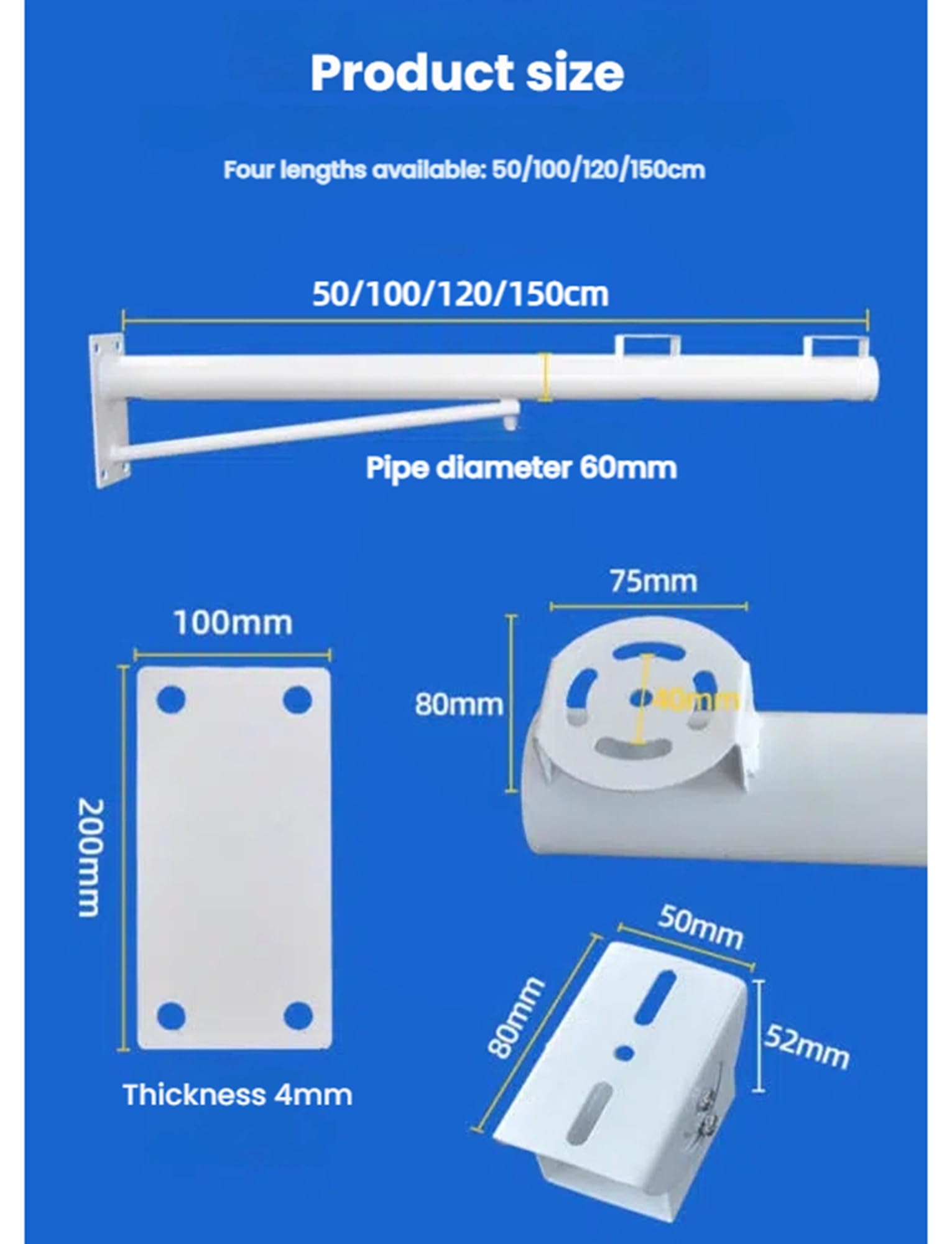 Poste para cámara, Soporte para Poste de cámara de Seguridad Exterior, Soporte de Pared de Acero galvanizado, Soporte de vigilancia Ajustable de 50/100/120/150 cm para cámaras, Duradero y r