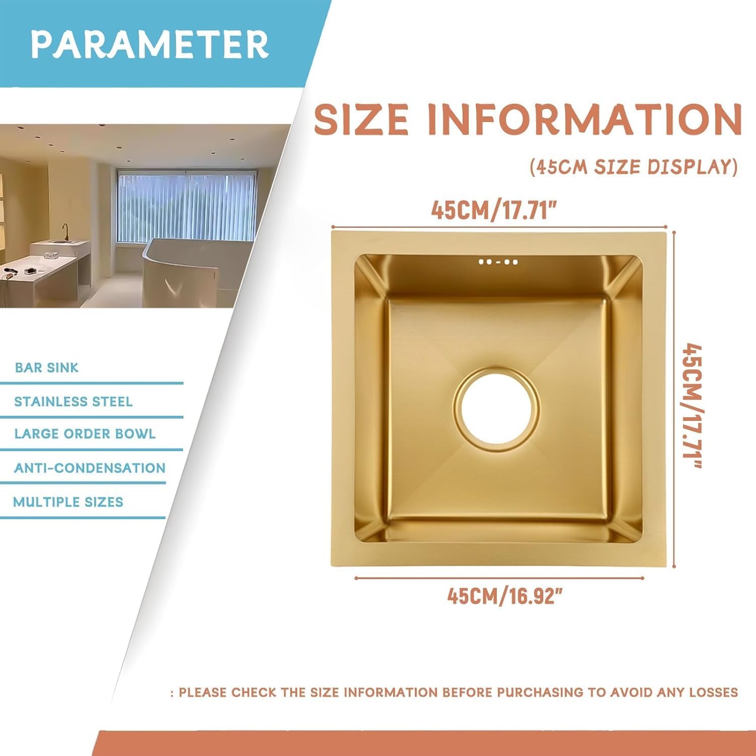 Gold Stainless Steel Square Sink 75x45cm with Golden Faucet, Handmade Prep Sink with Drain Kit, Easy-Clean Nano Finish, Perfect for Bar/prep Areas Gold-Faucet#01 45x45cm