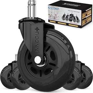 TICONN Office Chair Caster Wheels Set of 5, 3" Universal Stem Casters for Carpet, Hardwood, Tile - Quiet, Smooth, Non-Marking Black Replacement
