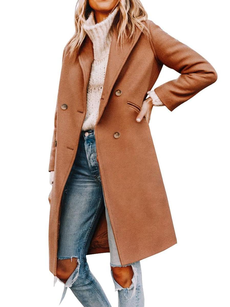 Cicy Bell Damen Mantel mit gekerbtem Reverskragen, zweireihig, Erbsenmantel, Wintermantel, Wollmischung, lange Jacken