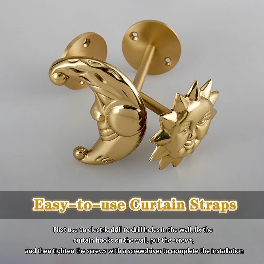 Curtain Tiebacks Sun Moon Shape Curtain Holdbacks, American Vintage Brass Curtain Buckle, Nordic Creativity Curtain Hooks, Bedroom Window Ornaments, Hole Installation (Color : Gold Color, Size : A*2