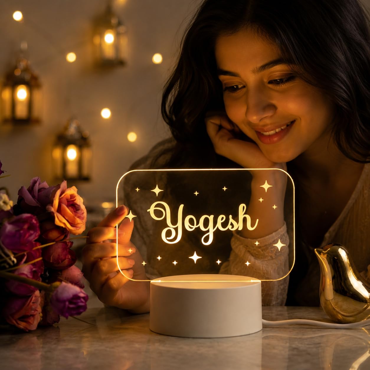 Acrylic Customised Name Led Table Lamp | Name Decoration Item Gifts for Friend Girl Boy Men Women Warm Yellow Led Light (6x8inch)-image-6