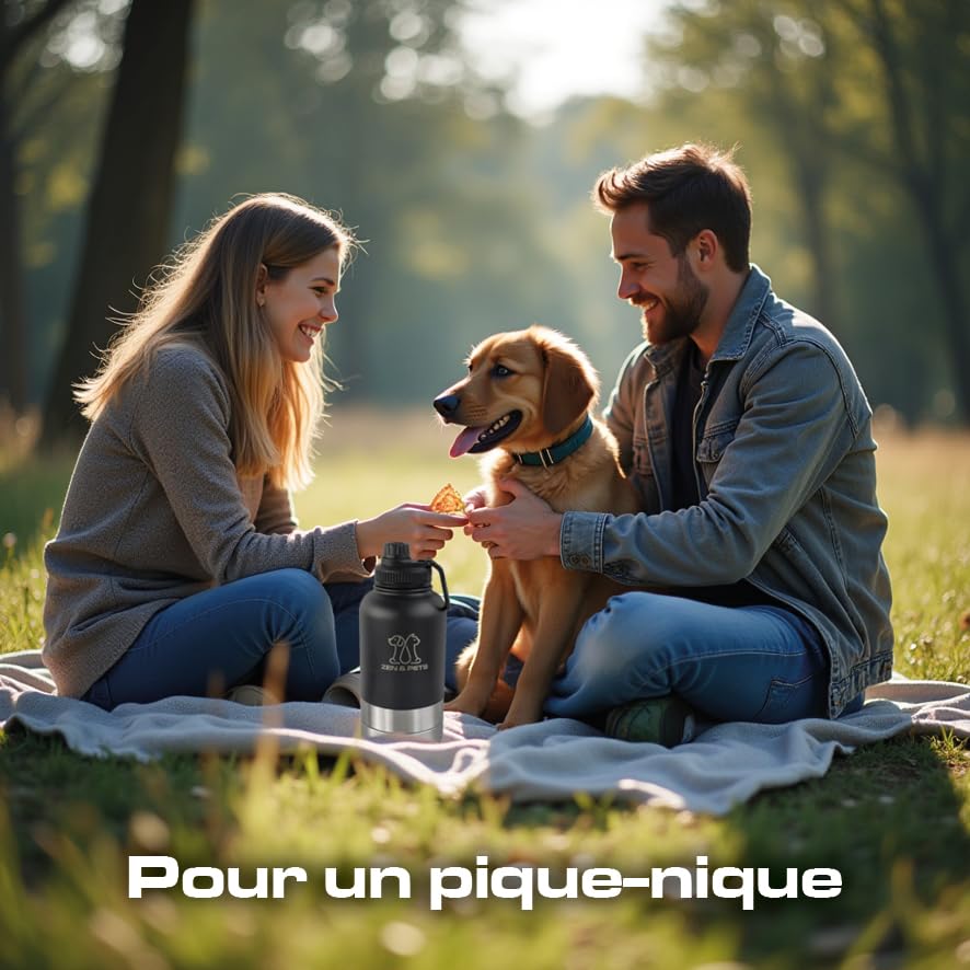 Gourde Chien Chat pour balades Vacances, Bouteille d'eau Chiens et Chats Voyage, Isotherme Acier Noir, gamelle pour Aliments, 3 Compartiments