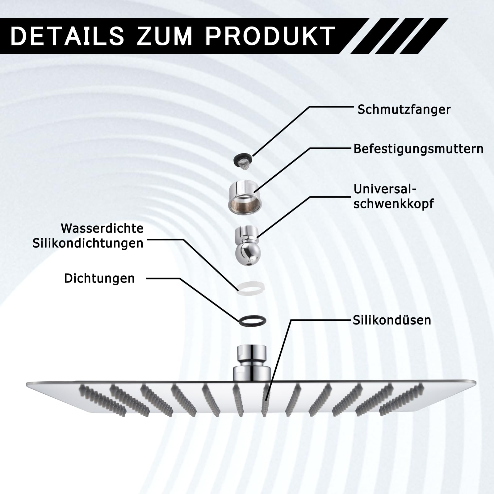 Duschkopf Regendusche 40x40cm/16 Zoll Quadrat, 304 Edelstahl Regendusche Duschkopf Wassersparender mit 324 Silikondüsen mit Antikalk-Funktion, Regenduschkopf 360° Drehbar, Chrom