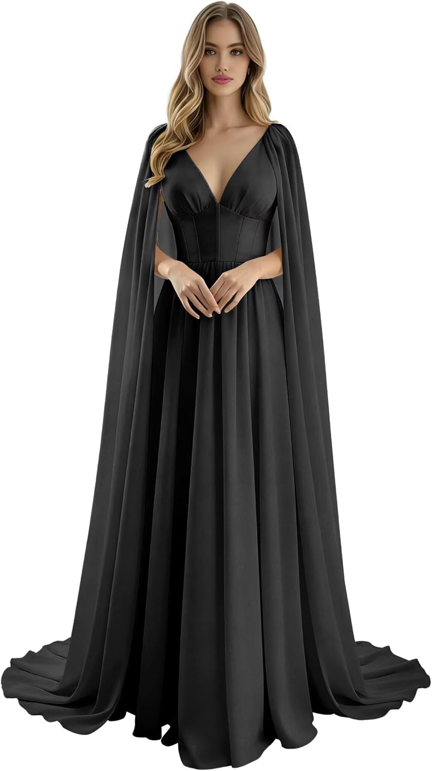 ForElise Long Cape Sleeve Chiffon Bridesmaid Dresses for Women V Neck A Line Corset Formal Evening Dresses