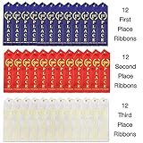 J&J's ToyScape 36 Pcs Award Ribbons with a Card and String (1st Place (Blue), 2nd Place (Red), 3rd Place (White) - 12 Each; Size: 8.6