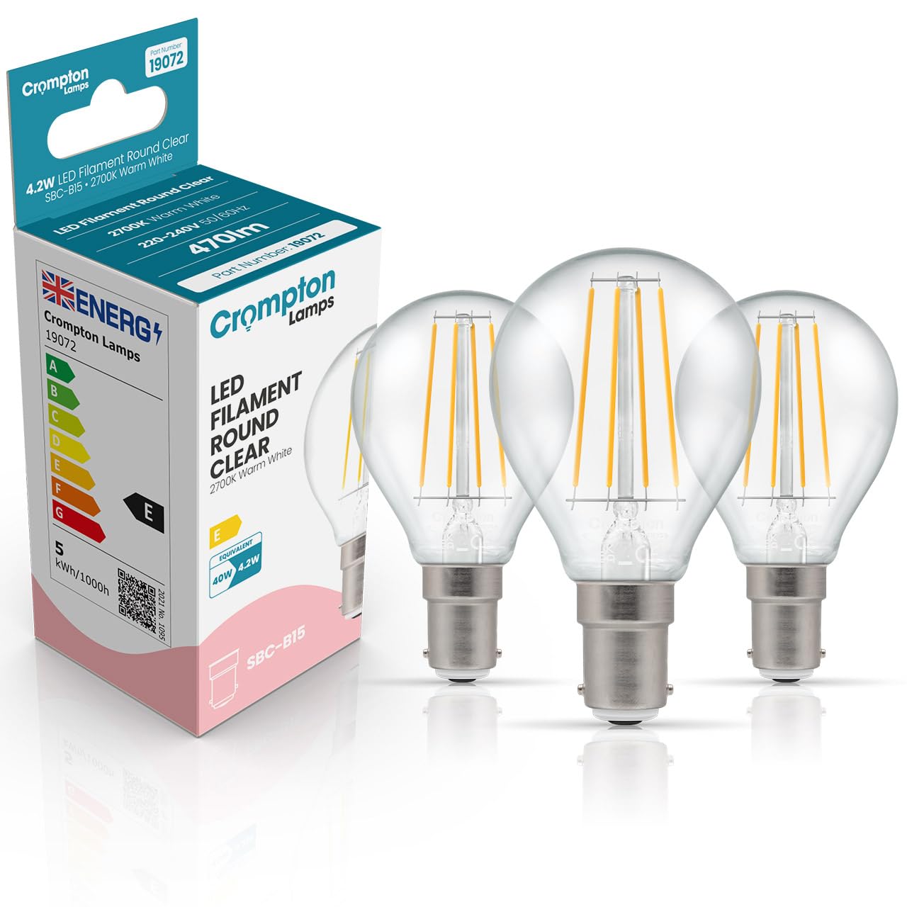 Crompton Lamps Filament Golfball LED Light Bulb SBC-B15d | 4.2W = 40W Equivalent | Warm White 2700K | Energy Efficient | Small Bayonet Lightbulb | Long Life 15,000-Hrs | Clear Glass | 3-Pack