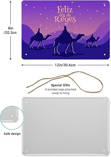 Miniatura 3 de Placa de metal para pared, diseño de camello morado degradado con texto en inglés "Three Kings Day", decoración de pared duradera para colgar en la