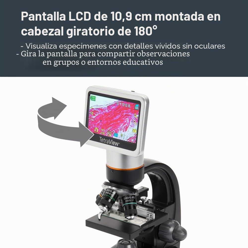 Celestron 44347 TetraView: microscopio digital con pantalla táctil LCD, 40x-400x aumentos, negro/plata