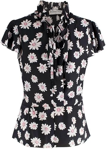 Balenciaga Blusa Negra con Estampado Floral Detalle de bajo Desgastado de Segunda Mano