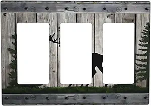 Decorative Outlet Covers Rustic Deer Elk Forest Grey Wood Board 3 Gang Wall Plate Triple Rocker Light Switch Cover Plate Jumbo Electrical Gfci Faceplate for Farmhouse Decor