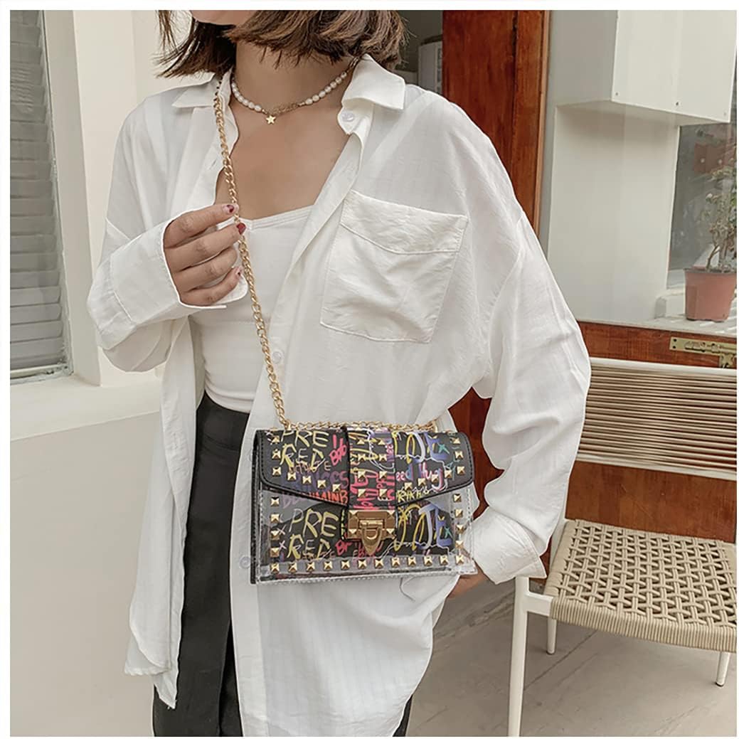 PU Leather Graffiti Shoulder Crossbody Rivet Square Snake-shaped Pattern Chain Bag - Image 5