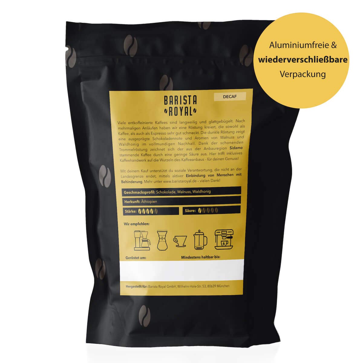 BARISTA ROYAL Ziarna kawy 1 kg "Ethiopian Delight" bez kofeiny/decaf | Świeże ziarna kawy bezpośrednio z Sidamo | 100% ziaren kawy Arabica | Idealny do w pełni automatycznego i filtrującego