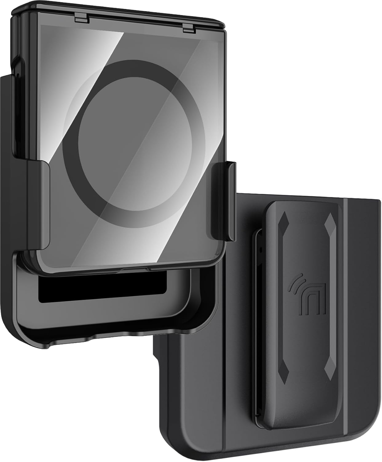 Nakedcellphone Electro Combo for Samsung Galaxy Z Flip 7 Phone Case with Belt Clip Holster Holder - Built-in Screen Protector - Hinge Cover - Compatible with MagSafe - Black/Clear