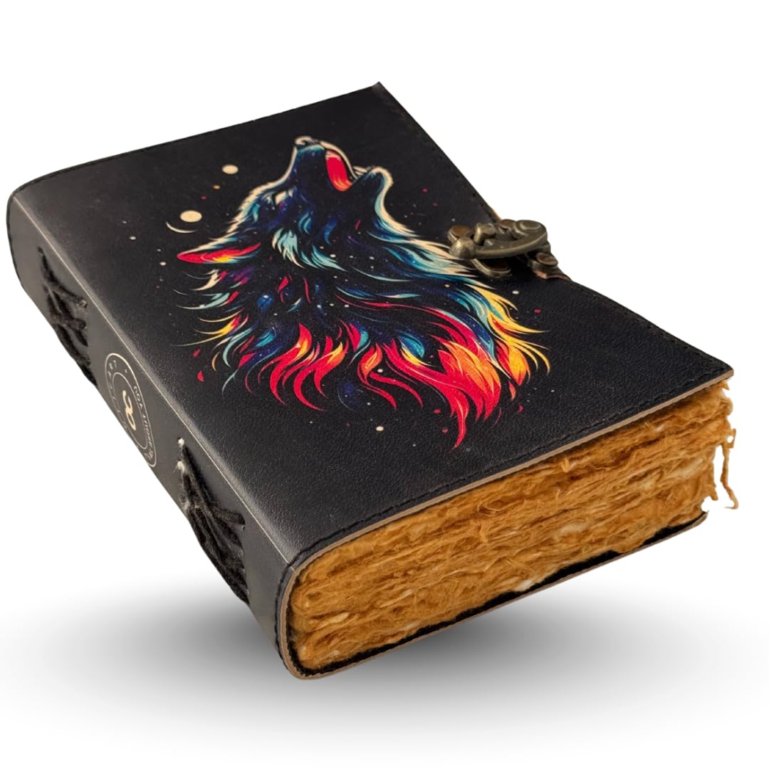 Oficart - Diario vintage in pelle, realizzato a mano, con lucchetto antico e carta di cotone ecologica, per scrittura, schizzi, viaggi, arte, poesia, spirituale e regalo (lupo cosmico)