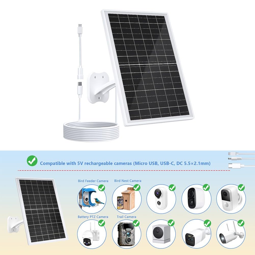 Caricatore per pannello solare da 13 W per telecamere di sicurezza, impermeabile IP68 con porte USB-C/Micro-USB/DC, supporto regolabile a 360°, cavo da 2,2 m, per alimentazione esterna