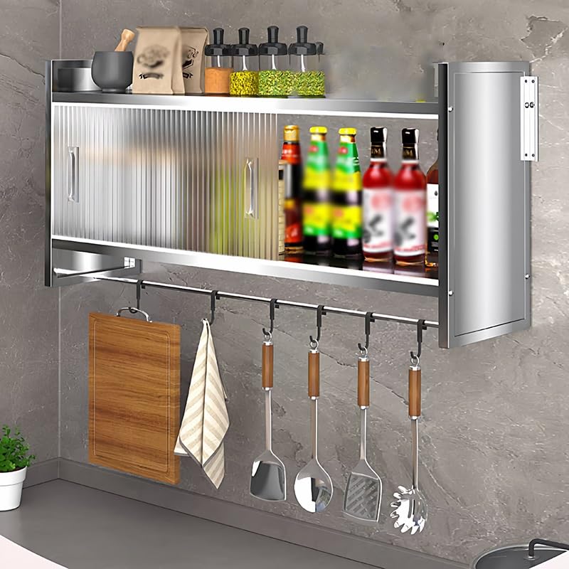 Armadietto da cucina in acciaio inossidabile, organizer di grande capacità con ante scorrevoli in acrilico, design a parete e asta per appenderlo, funzionale 119,4 x 32 x 45,7 cm, salvaspazio