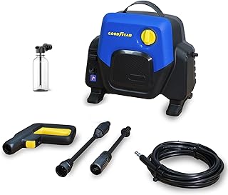 Goodyear - Hidrolimpiadora de Alta Presión, Compacta, Eléctrica 1400W 100 Bar, Kit Detergente, Pistola y Lanza PP, Manguera 5m, Sistema Auto Stop, Limpiadora a Presión Compacta y Eficiente