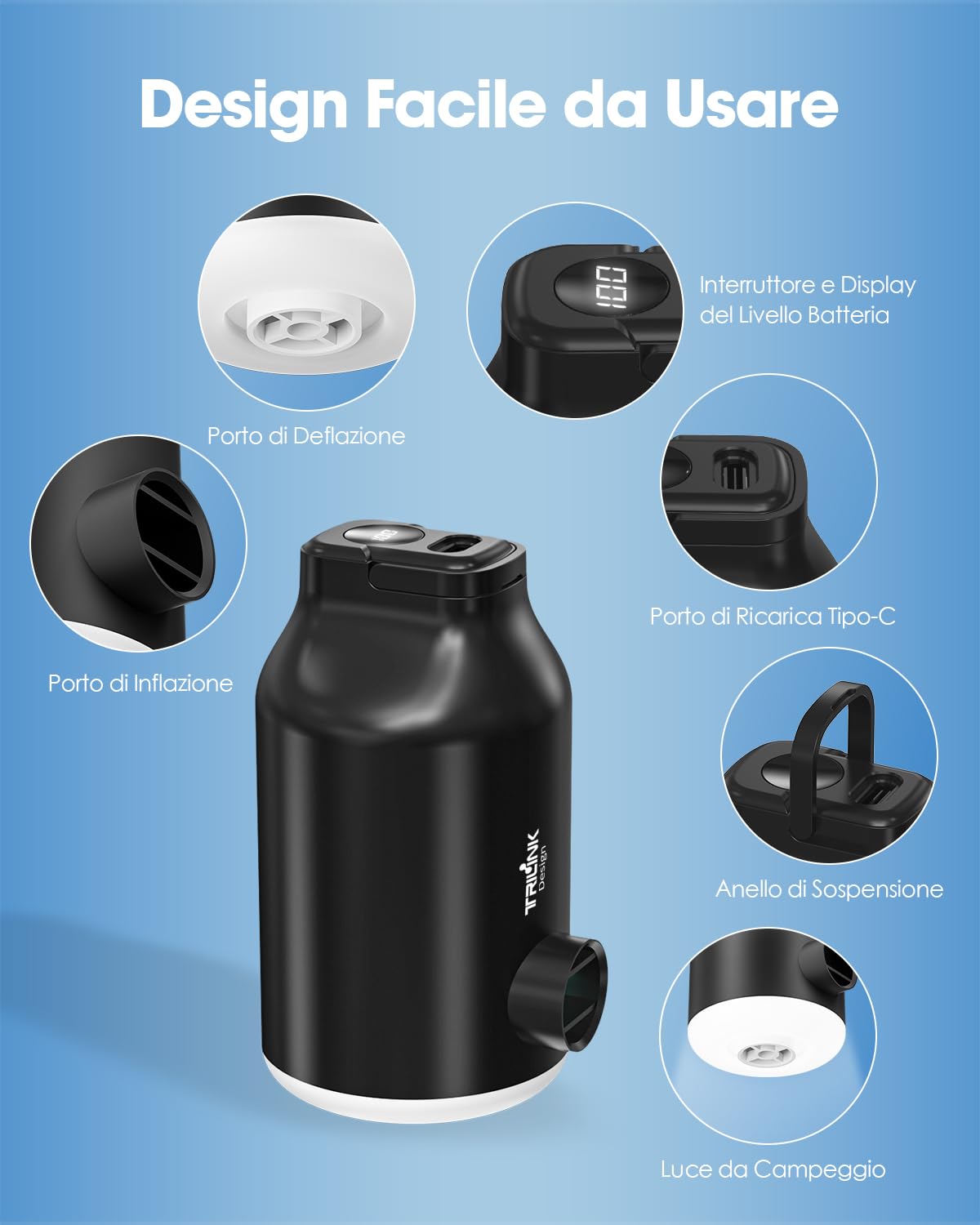 Pompa ad Aria Elettrica per Materasso Letto Gonfiabile, Sacchi Sottovuoto Vestiti– Mini Portatile, Ricaricabile, Gonfiaggio Rapido con 5 Ugelli, Luce LED, Spegnimento Auto per Anelli da Nuoto