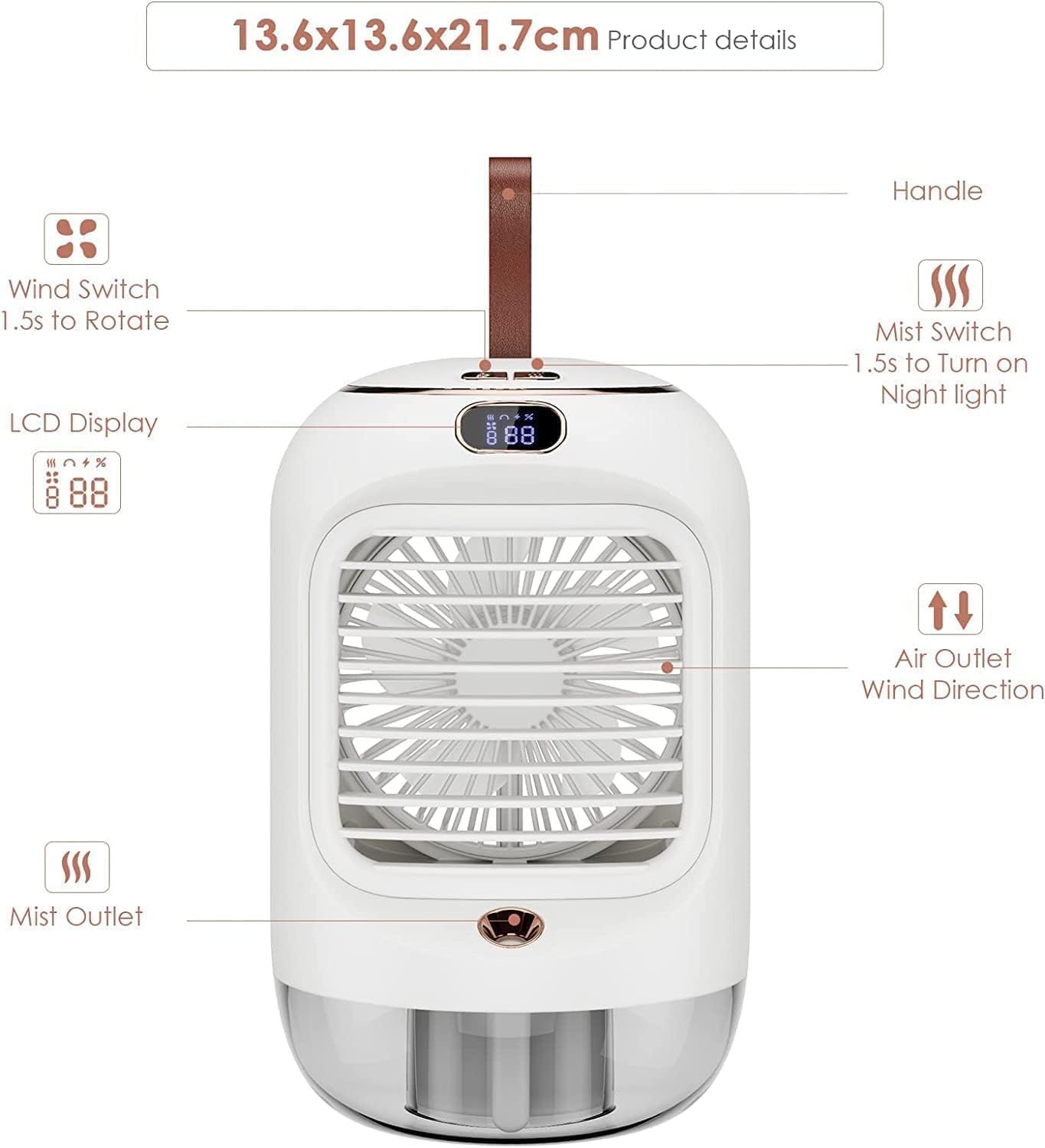 Aire acondicionado portátil giratorio, multifuncional USB Mini Air Cooler con 3 velocidades, luz nocturna, oscilante de 180°, portátil, enfriador de aire personal para habitaciones, oficinas