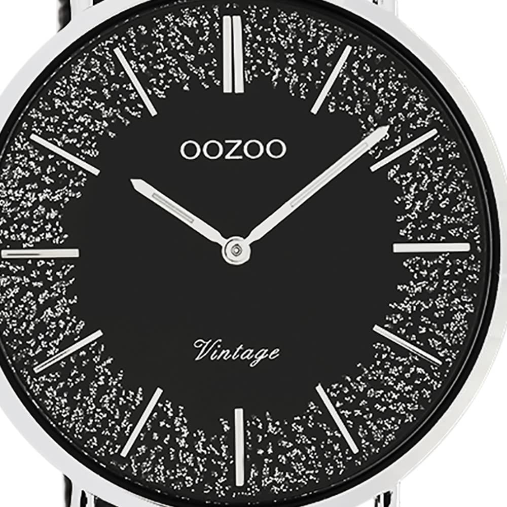Oozoo Vintage Flache Damenuhr mit Edelstahl Milanaise Metallband Glitter Line mit Glitzer Elementen im Zifferblatt 40 MM