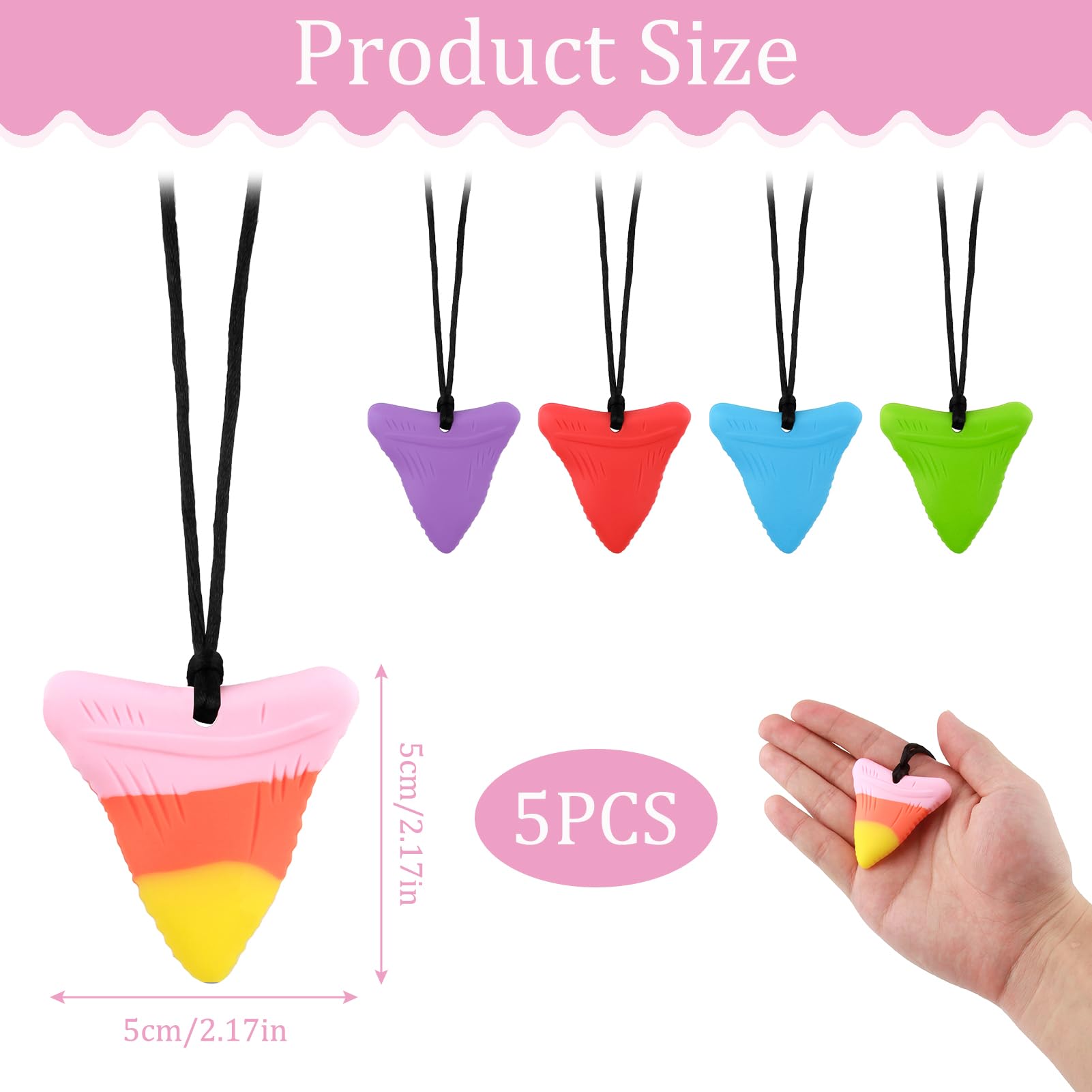 ORUZA Sensory Chew Necklace, 5 PCS Shark Shape Silicone Chew Necklace for Teething ADHD, Autism, Biting Needs - Image 2