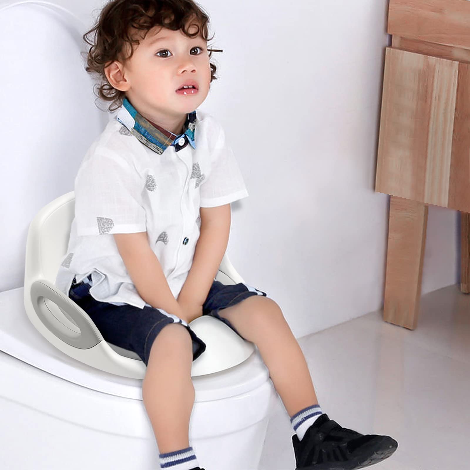 LARS360 Siège de toilette pour enfant de 12 mois à 7 ans – Siège bébé rembourré antidérapant – Poignée et protection anti-éclaboussures (gris)