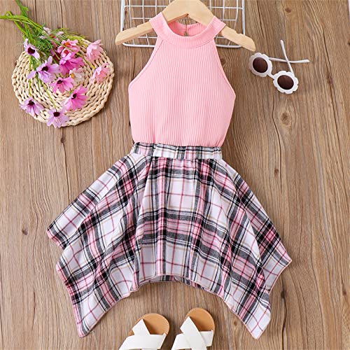 Patpat Toddler Girl 2 Piece Outfit Rid Knit Halter Sleeveless Cami Top And Plaid Elastic Waist Skirt 5-6 Years #TOP4