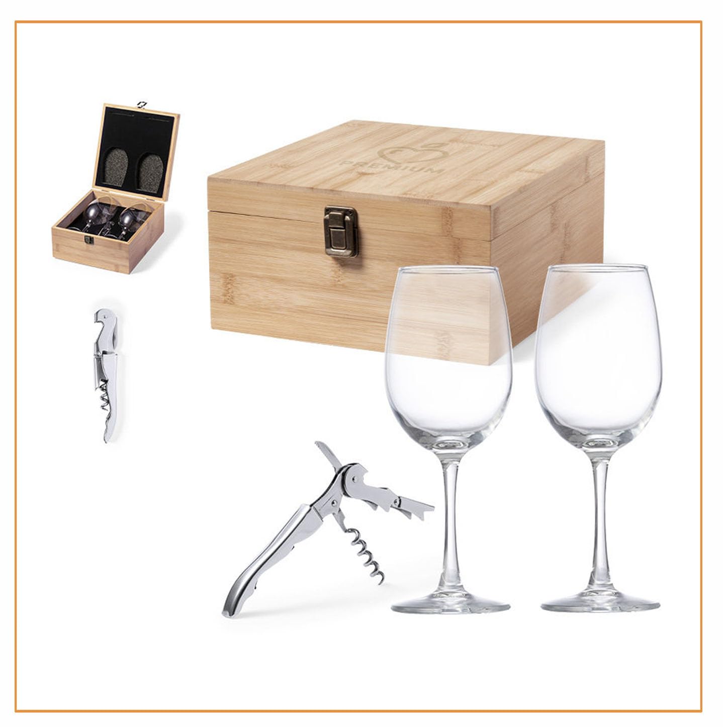 Set Copas de cristal Personalizadas con abrebotellas en elegante estuche de bambú. Regalo único y original. Bodas y Aniversarios.