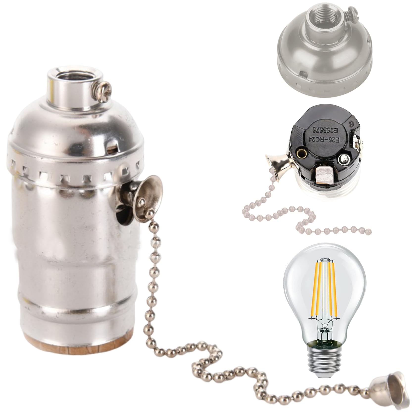 Hperu Pull Chain Light Socket Screw Thread Lamp Socket with Pull Chain Vintage Metal Lamp Holder for E26 E27 Light Bulbs Silver