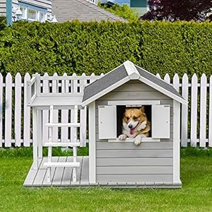 PawHut Wooden Dog House Outdoor with Porch, Cabin Style Raised Pet House with Ladder Balcony Water-Resistant Asphalt Roof, for Medium and Large Dogs