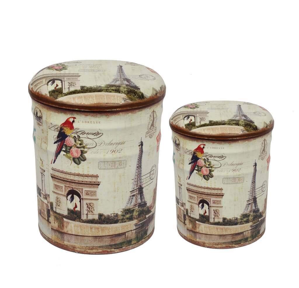 Set di 2 pouf contenitore Rotondo poggiapiedi in MDF PVC cm 30x30x37 - BUCH Multicolor