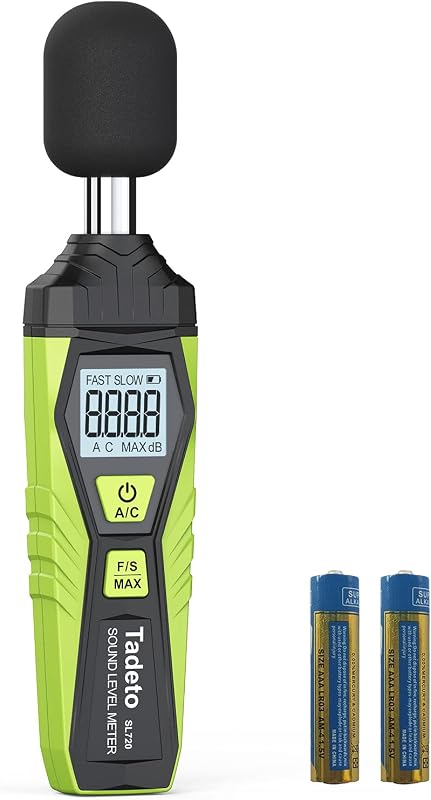 Medidor de decibeles, Tadeto Medidor de nivel de sonido digital Medidor SPL portátil 30 dB a 130 dB MAX Retención de datos con pantalla LCD retroiluminación A/C ponderado para fábricas domésticas