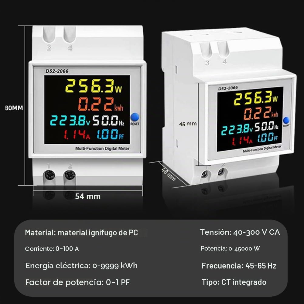 Medidor de Consumo Electrico,AC40-300V 100A MultifuncióN 6 En 1 Digital AmperíMetro VoltíMetro Medidor MultifuncióN En Carril Din Contador MonofáSico 230V