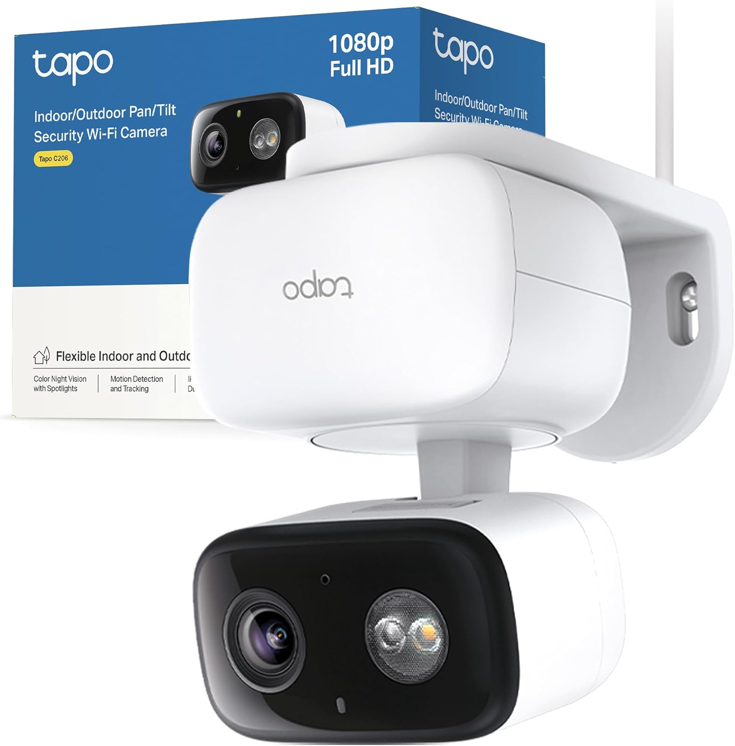 Tapo C206 Telecamera Wi-Fi Esterno FHD, 360° Visuale, IP65, Visione Notturna a Colori con Spotlight, Rilevamento Smart AI, Audio Bidirezionale, Allarme Sonoro e Luminoso, Montaggio su Tavolo e Parete