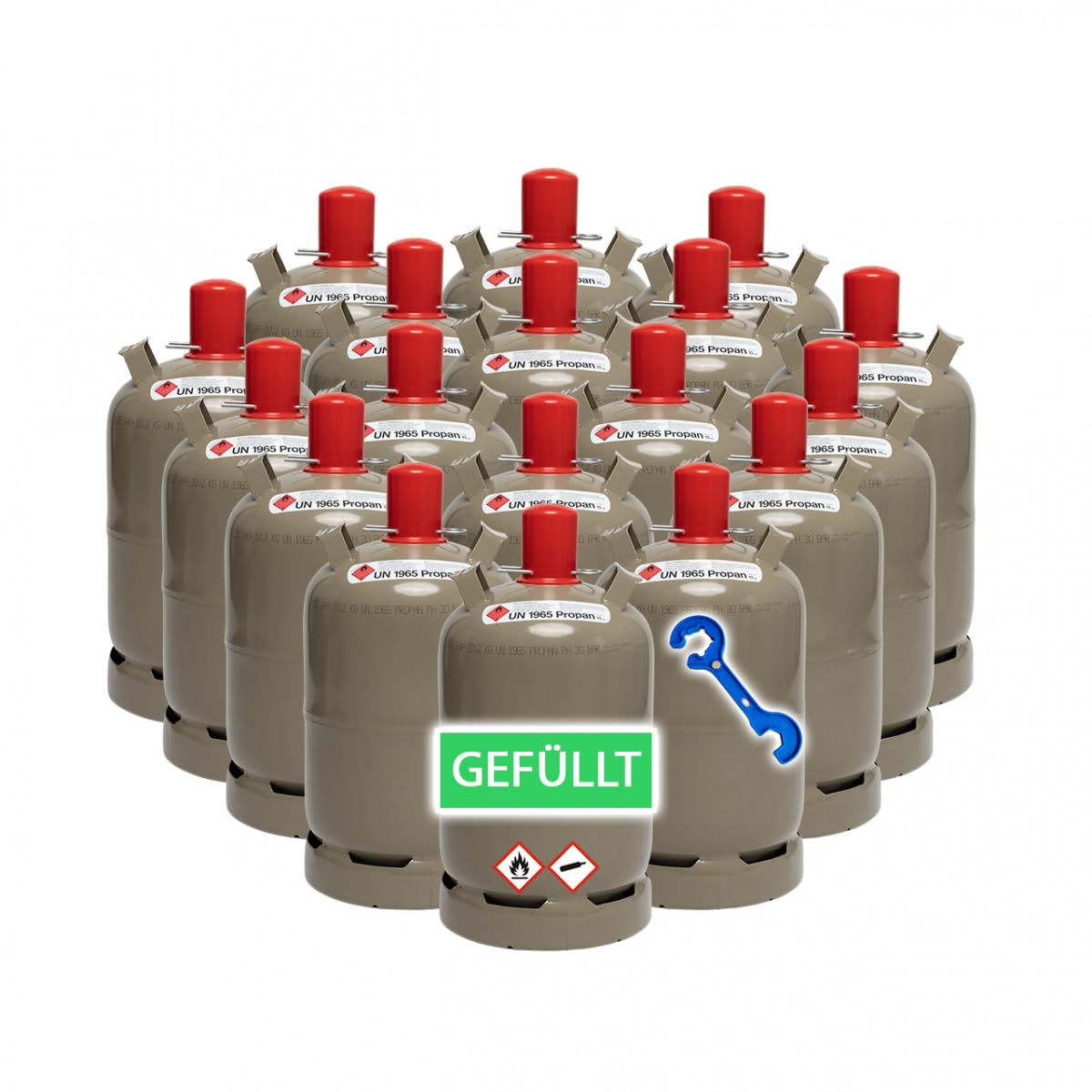 18 x Campinggas Flaschen 11 kg grau, regenerierte Umlaufflaschen, gefüllt - 11kg Eigentum Gasflasche inkl. einem Gasregler-Schlüssel + Magnet für Gas-Grill, Gas-Kocher, Wohnwagen, Heizung etc