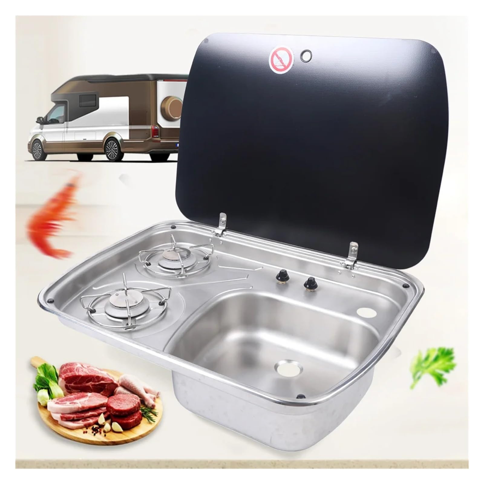 Cucina for Camper, roulotte, Barca, Piano Cottura a Gas a 2 fuochi e lavello con Coperchio in Vetro temperato, lavabo in Acciaio Inossidabile, Cucina for Camper