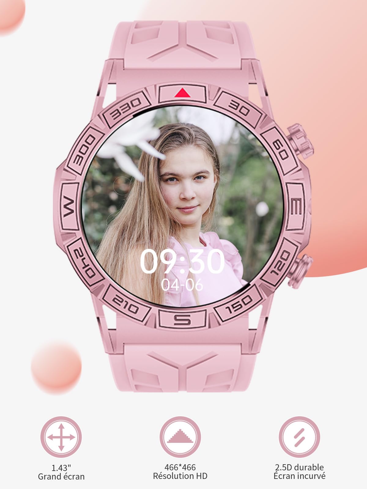 Smartwatch Hombre Mujer 1.43" HD Smartwatch con Llamadas Whatsapp, 1ATM Impermeable, 107+ Modos Deportivos, Seguimiento del sueño, cardíaco para Android iOS (KC80-Pink)