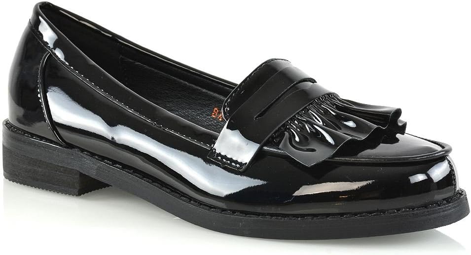 ESSEX GLAM Womens Flat Slip On Black Patent Loafers Ruffle Work Mocassin Shoes 10 B(M) US
