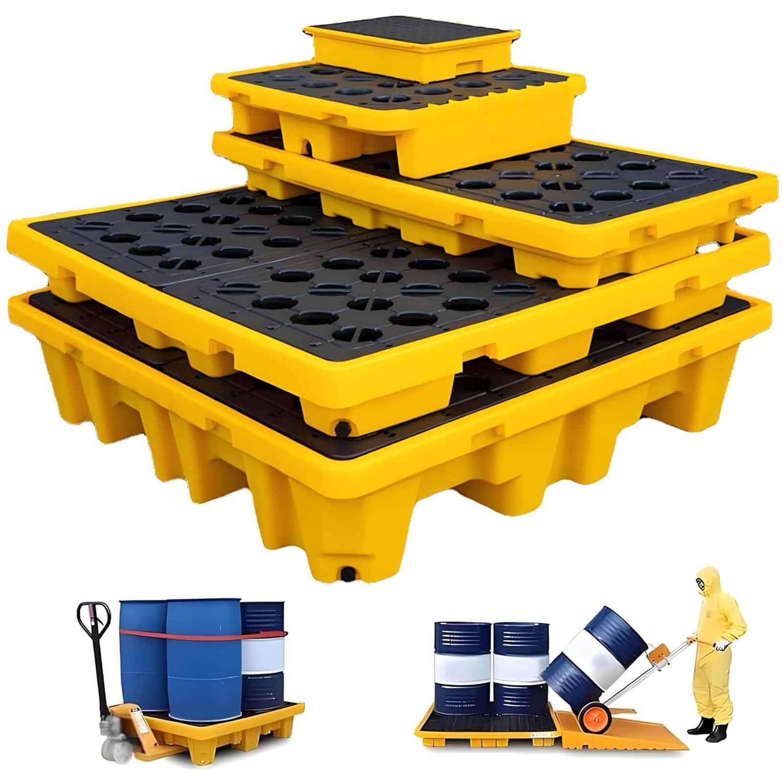 Bandeja de contención de derrames, Plataforma Modular de contención de derrames con Rejilla, Bandeja para bidones antifugas para Almacenamiento Seguro de Productos químicos y aceites.