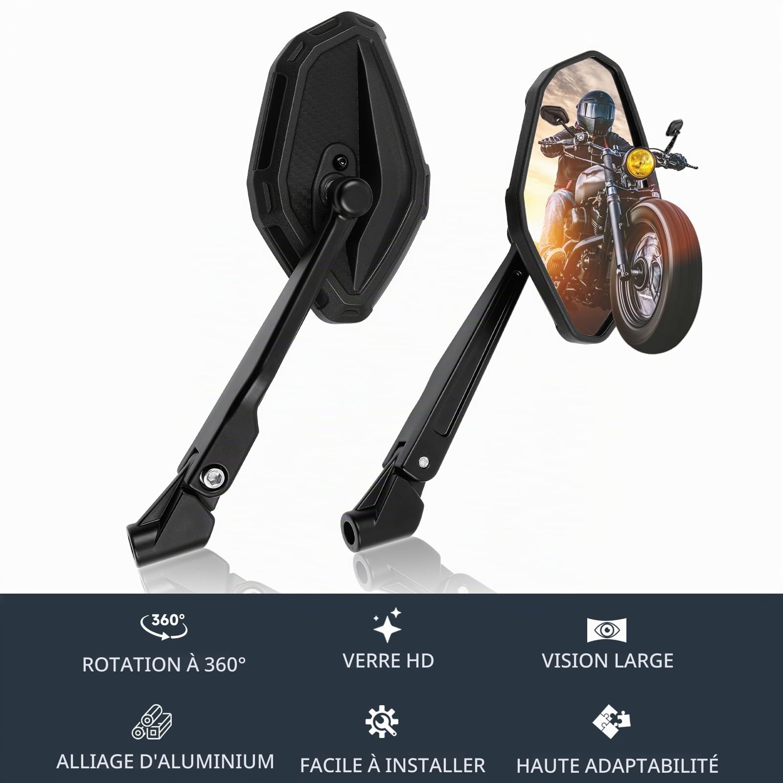 DREAMIZER Rétroviseurs latéraux moto 8mm 10mm, réglables à 360°, Retroviseur Moto Compatibles avec XJ600 MT03 MT07 TMAX Z1000 Z750 CB250F CRF250 XL700 GSR600 VZR18