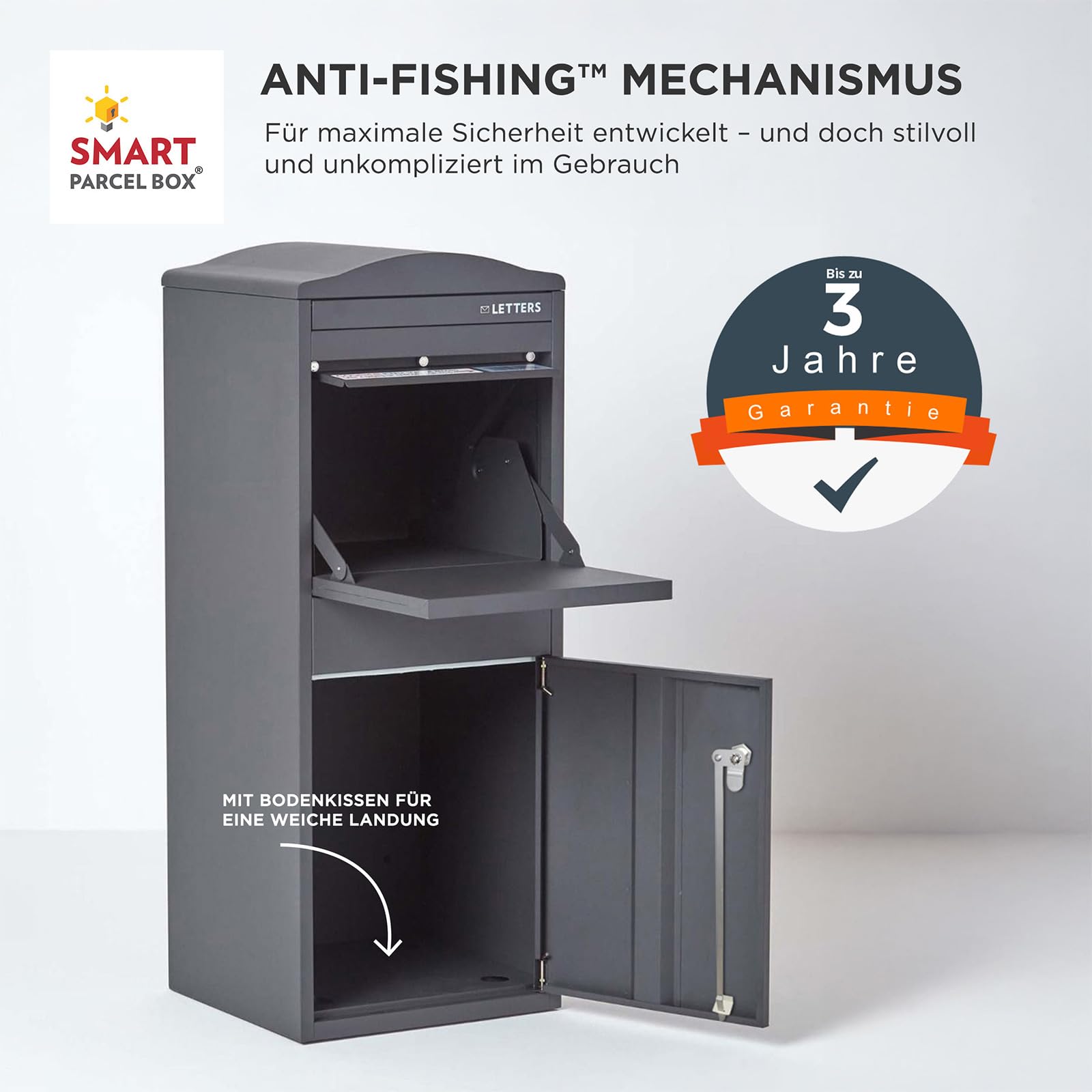 Smart Parcel Box Paketbox L mit Bogendach - Paketbriefkasten, grau | Standbriefkasten mit Paketfach, Paketbox draußen wetterfest, Front-Entnahme, verzinkter Stahl, rostfrei, pulverbeschichtet
