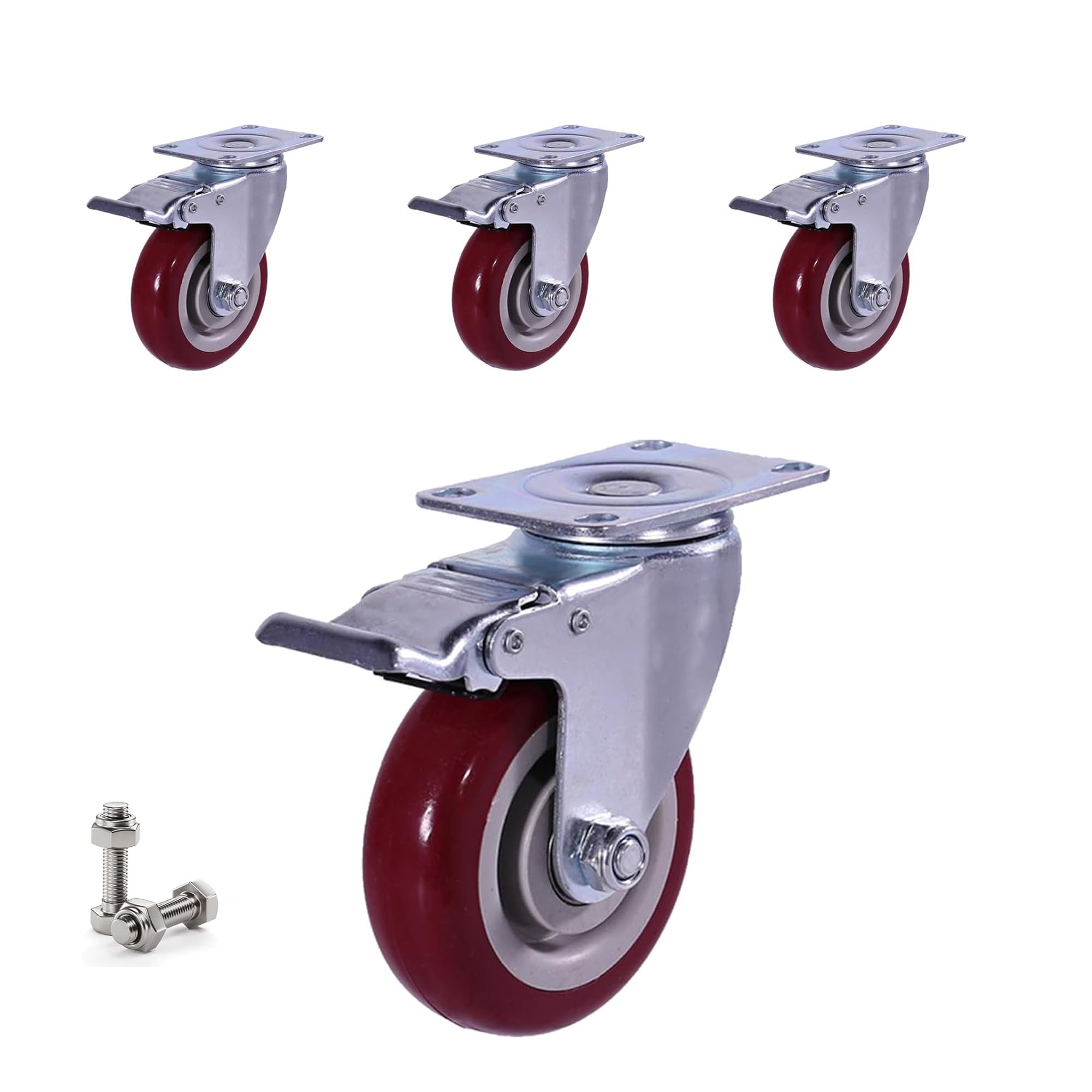 4 pezzi Ruote Per Carrello 100 mm Ruote per mobili con freno Girevoli Pesanti fino a 600kg Rosso