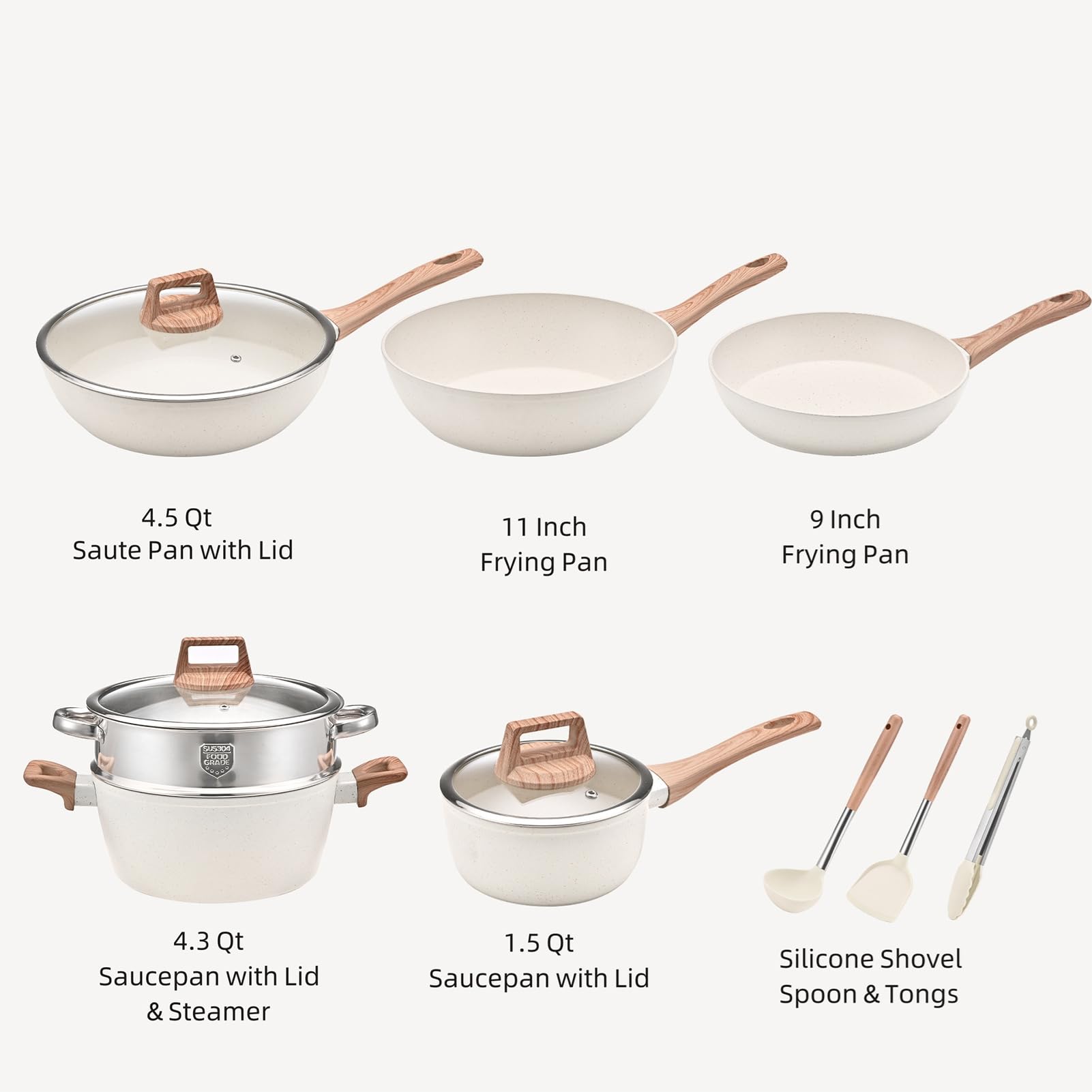 Juego de ollas y sartenes antiadherentes, utensilios de cocina con sartén, cacerola, sartén, tapa, cucharón, cuchara, pinzas, blanco, fácil de limpiar, calentamiento uniforme, diseño que