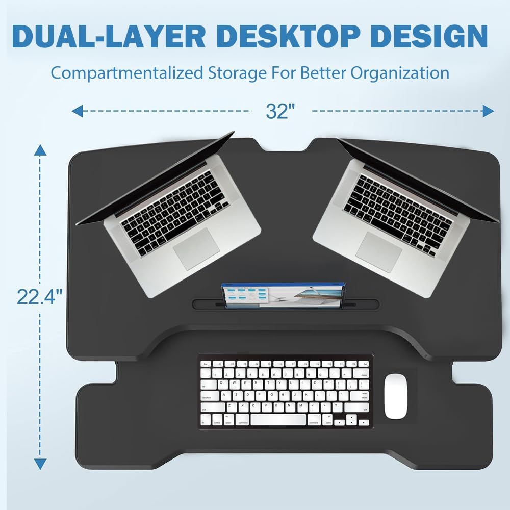 Standing Desk Converter 32 Inch, Adjustable Height Sit Stand for Table Tops and Home Office, Riser Computer Workstation With Wide Keyboard Tray