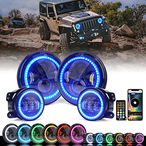 Xprite 7 Inch Round Halo Headlights & 4 Inch Fog Lights Combo, Decorative Lighting Styles, Headlights Compatible with 2007-2018 Jeep Wrangler JK JKU, DOT Approved