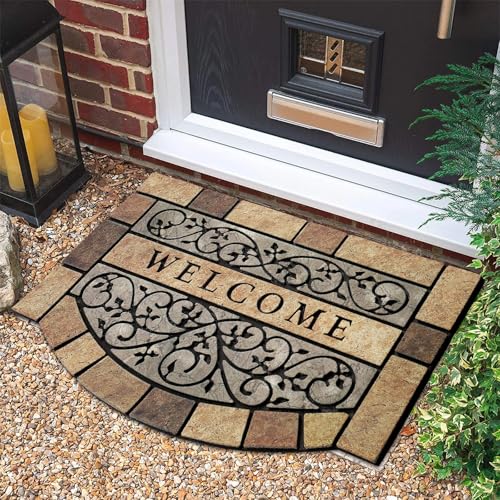 New Large 36"x24" Heavy Duty Welcome Mat Outdoor with Non-Slip Rubber Backing - Durable Outdoor Door Mat for Front Door Entrance, Garage, Patio & High Traffic Areas - Stone Scroll Design（Brown）