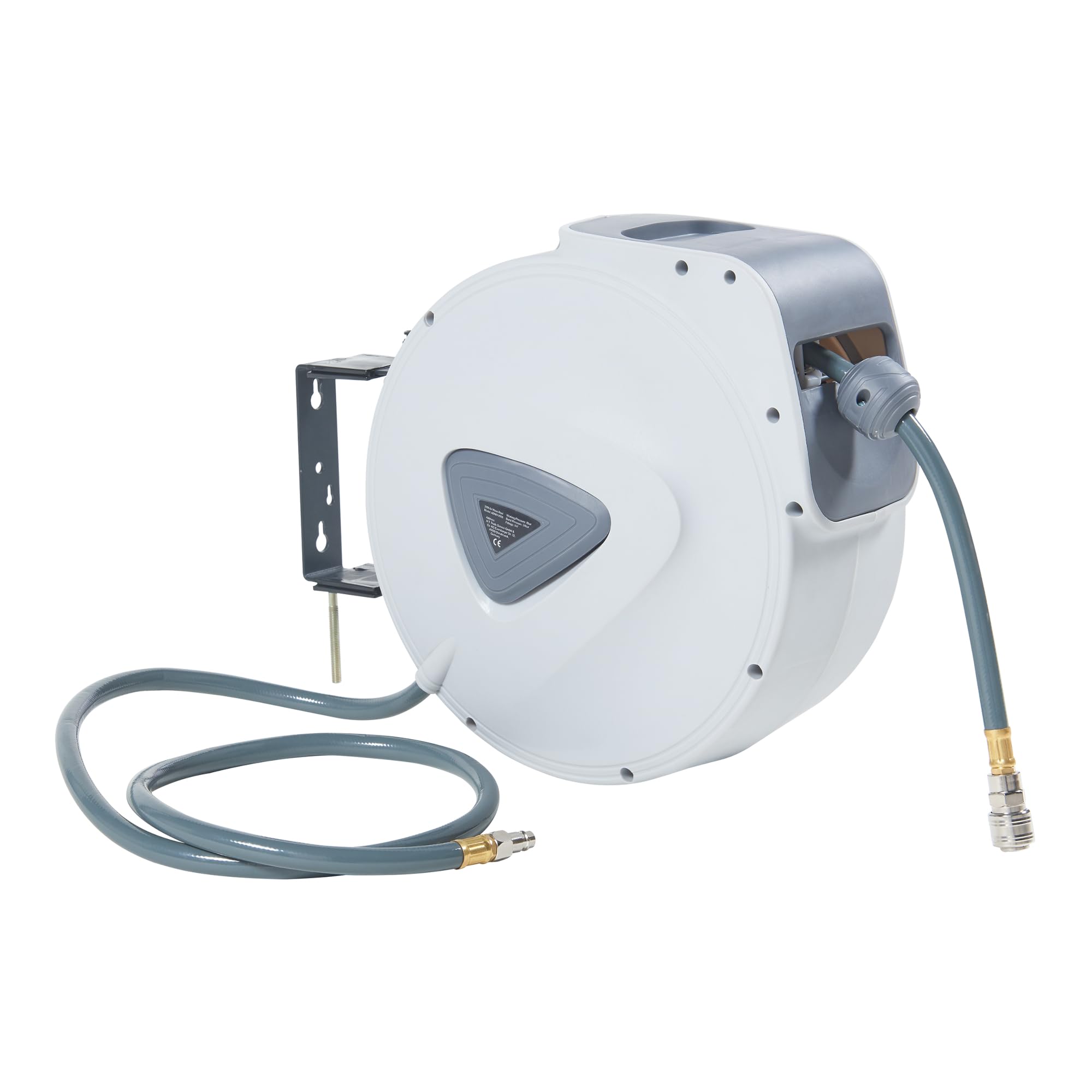 pro.tec Druckluftschlauchtrommel Nassau 180° Schwenkbarkeit Druckluftschlauch 30m + 2m Schlauchtrommel Weiß/Grau Schlauchaufroller zur Wandmontage 1/4 Anschluss automatisch