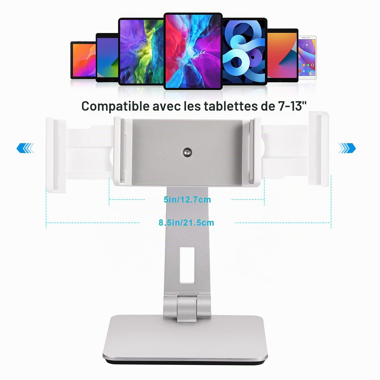 Support Tablette Réglable et Pliable, Porte Tablette Bureau Aluminium Lourd Pivotant à 360°, Compatible avec iPad Pro/Air/Mini, Samsung Tab, Surface Pro, Kindle Fire (7-13") (Argenté)