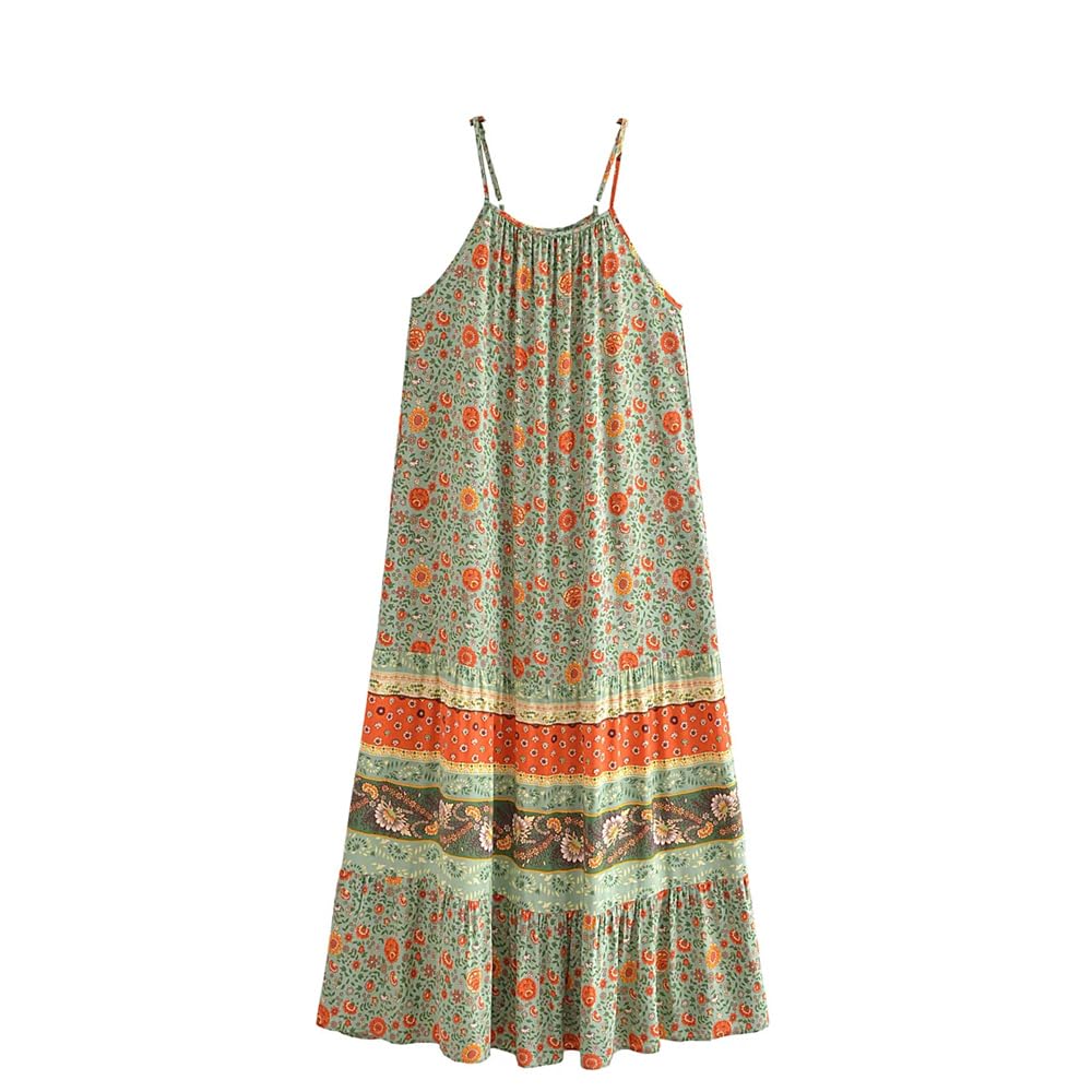 Vestido largo midi con estampado floral en contraste bohemio para mujer, holgado, dobladillo fruncido, bata de vacaciones